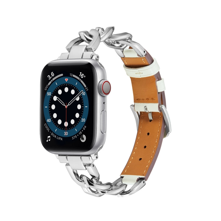 Chain + Leather Watch Band For Apple Watch Ultra 49mm&Watch Ultra 2 49mm / Series 9&8&7 45mm / SE 3&SE 2&6&SE&5&4 44mm / 3&2&1 42mm (Silver + White) by bashfashion