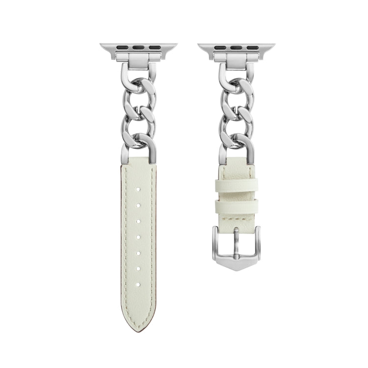 Chain + Leather Watch Band For Apple Watch Ultra 49mm&Watch Ultra 2 49mm / Series 9&8&7 45mm / SE 3&SE 2&6&SE&5&4 44mm / 3&2&1 42mm (Silver + White) by bashfashion
