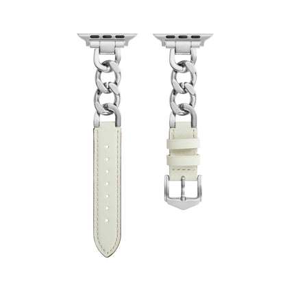 Chain + Leather Watch Band For Apple Watch Ultra 49mm&Watch Ultra 2 49mm / Series 9&8&7 45mm / SE 3&SE 2&6&SE&5&4 44mm / 3&2&1 42mm (Silver + White) by bashfashion