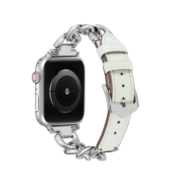 Chain + Leather Watch Band For Apple Watch Ultra 49mm&Watch Ultra 2 49mm / Series 9&8&7 45mm / SE 3&SE 2&6&SE&5&4 44mm / 3&2&1 42mm (Silver + White) by bashfashion