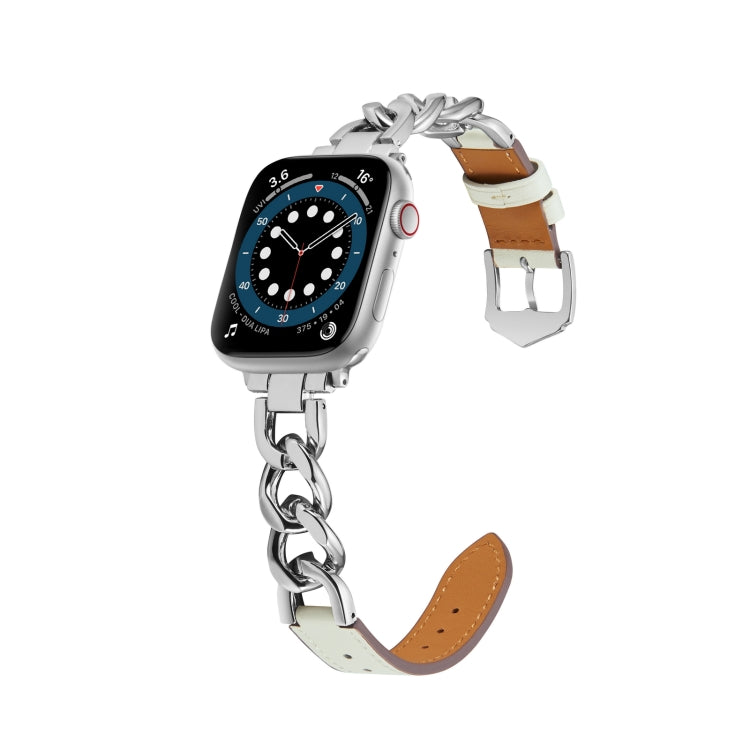 Chain + Leather Watch Band For Apple Watch Ultra 49mm&Watch Ultra 2 49mm / Series 9&8&7 45mm / SE 3&SE 2&6&SE&5&4 44mm / 3&2&1 42mm (Silver + White) by bashfashion