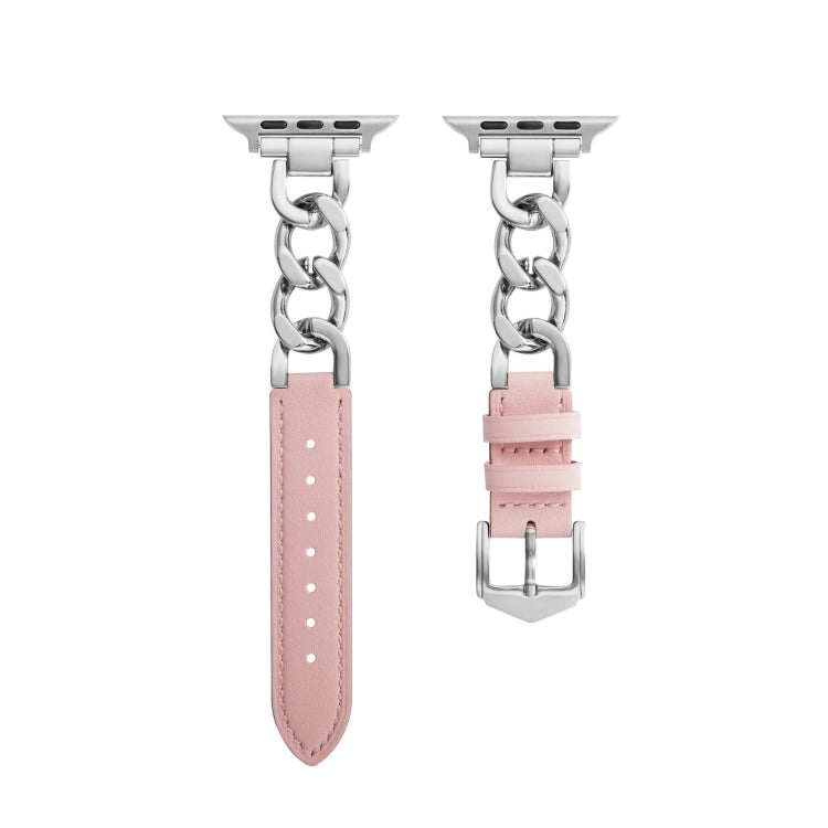 Chain + Leather Watch Band For Apple Watch Ultra 49mm&Watch Ultra 2 49mm / Series 9&8&7 45mm / SE 3&SE 2&6&SE&5&4 44mm / 3&2&1 42mm (Silver + Pink) by bashfashion