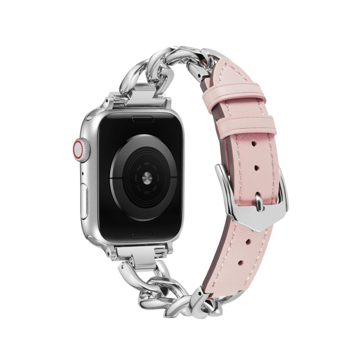 Chain + Leather Watch Band For Apple Watch Ultra 49mm&Watch Ultra 2 49mm / Series 9&8&7 45mm / SE 3&SE 2&6&SE&5&4 44mm / 3&2&1 42mm (Silver + Pink) by bashfashion