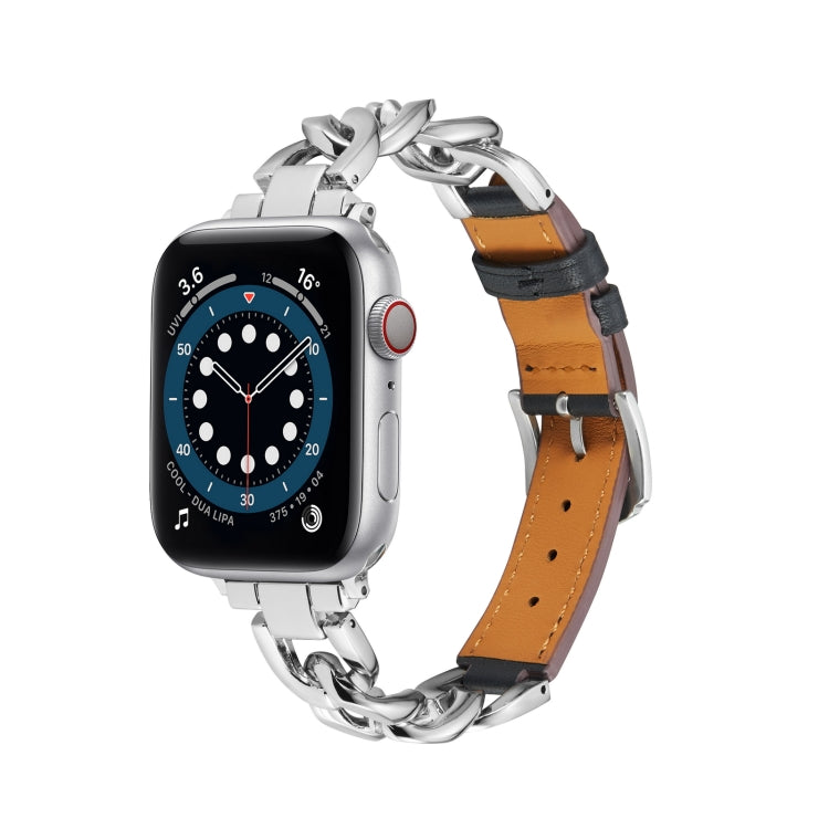 Chain + Leather Watch Band For Apple Watch Ultra 49mm&Watch Ultra 2 49mm / Series 9&8&7 45mm / SE 3&SE 2&6&SE&5&4 44mm / 3&2&1 42mm (Silver + Black) by bashfashion