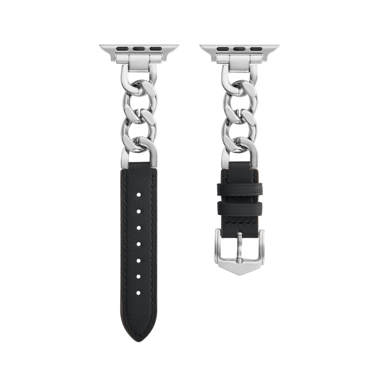 Chain + Leather Watch Band For Apple Watch Ultra 49mm&Watch Ultra 2 49mm / Series 9&8&7 45mm / SE 3&SE 2&6&SE&5&4 44mm / 3&2&1 42mm (Silver + Black) by bashfashion