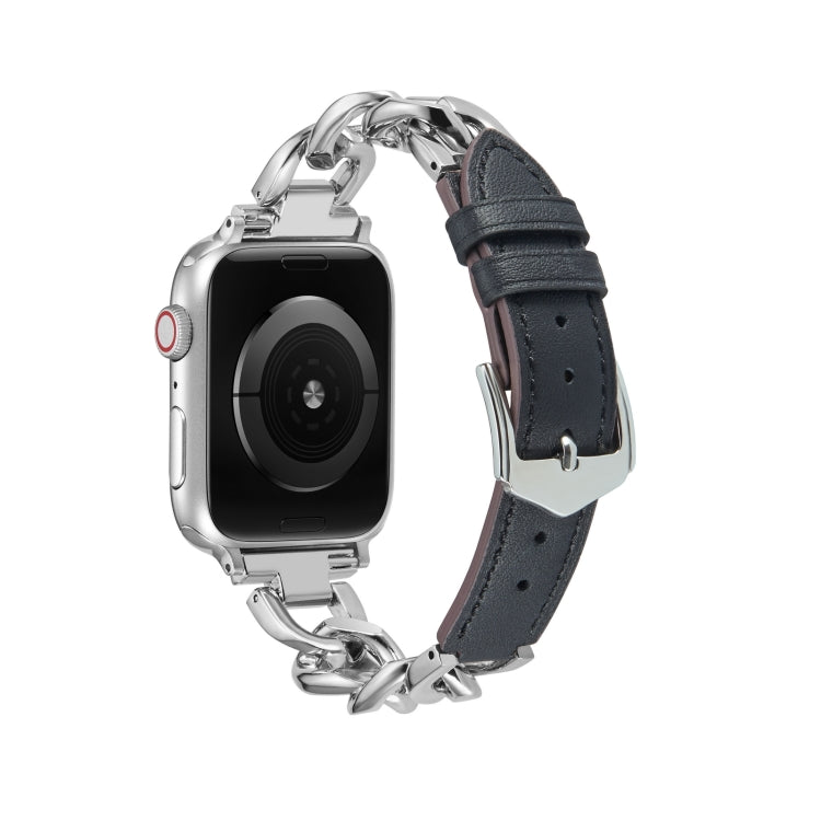 Chain + Leather Watch Band For Apple Watch Ultra 49mm&Watch Ultra 2 49mm / Series 9&8&7 45mm / SE 3&SE 2&6&SE&5&4 44mm / 3&2&1 42mm (Silver + Black) by bashfashion