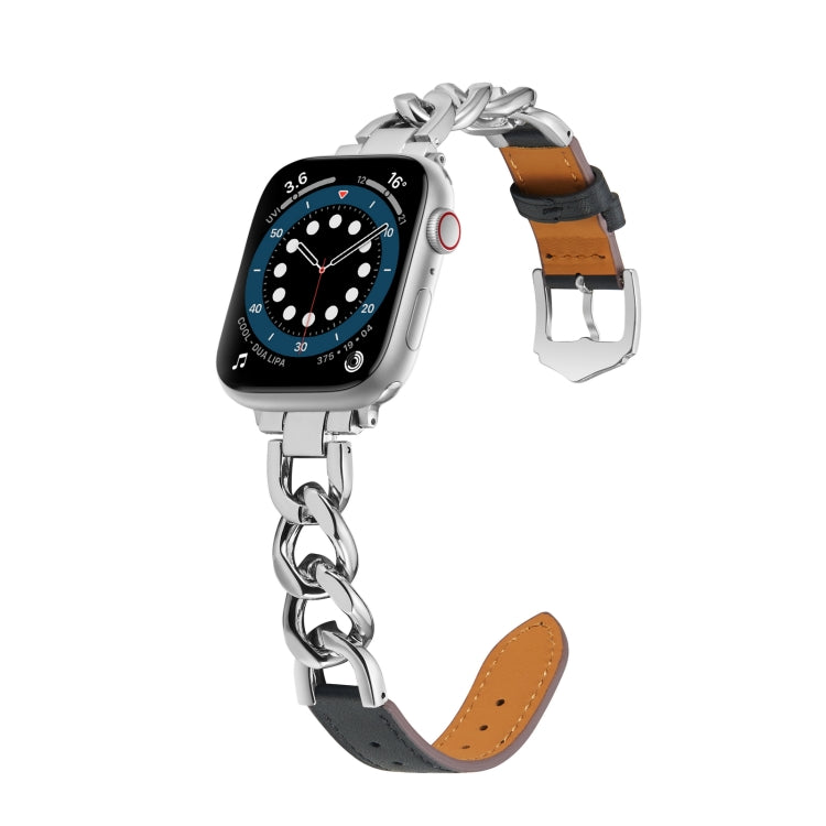 Chain + Leather Watch Band For Apple Watch Ultra 49mm&Watch Ultra 2 49mm / Series 9&8&7 45mm / SE 3&SE 2&6&SE&5&4 44mm / 3&2&1 42mm (Silver + Black) by bashfashion