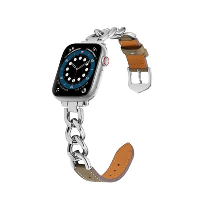 Chain + Leather Watch Band For Apple Watch Ultra 49mm&Watch Ultra 2 49mm / Series 9&8&7 45mm / SE 3&SE 2&6&SE&5&4 44mm / 3&2&1 42mm (Silver + Gray) by bashfashion