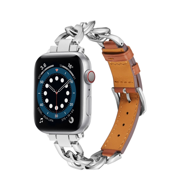 Chain + Leather Watch Band For Apple Watch Ultra 49mm&Watch Ultra 2 49mm / Series 9&8&7 45mm / SE 3&SE 2&6&SE&5&4 44mm / 3&2&1 42mm (Silver + Brown) by bashfashion