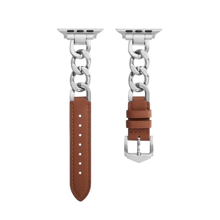 Chain + Leather Watch Band For Apple Watch Ultra 49mm&Watch Ultra 2 49mm / Series 9&8&7 45mm / SE 3&SE 2&6&SE&5&4 44mm / 3&2&1 42mm (Silver + Brown) by bashfashion