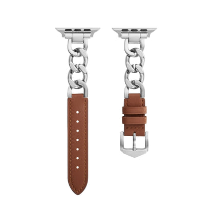 Chain + Leather Watch Band For Apple Watch Ultra 49mm&Watch Ultra 2 49mm / Series 9&8&7 45mm / SE 3&SE 2&6&SE&5&4 44mm / 3&2&1 42mm (Silver + Brown) by bashfashion