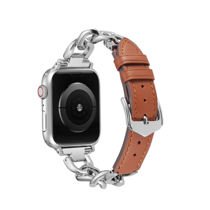 Chain + Leather Watch Band For Apple Watch Ultra 49mm&Watch Ultra 2 49mm / Series 9&8&7 45mm / SE 3&SE 2&6&SE&5&4 44mm / 3&2&1 42mm (Silver + Brown) by bashfashion