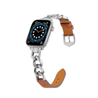 Chain + Leather Watch Band For Apple Watch Ultra 49mm&Watch Ultra 2 49mm / Series 9&8&7 45mm / SE 3&SE 2&6&SE&5&4 44mm / 3&2&1 42mm (Silver + Brown) by bashfashion
