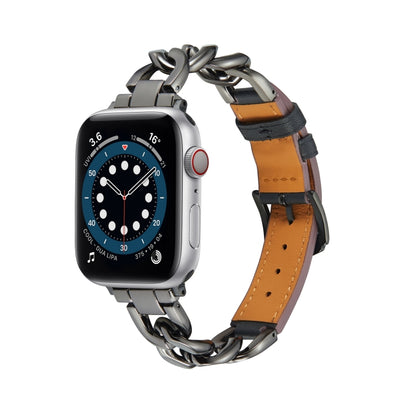 Chain + Leather Watch Band For Apple Watch Series 9&8&7 41mm / SE 3&SE 2&6&SE&5&4 40mm / 3&2&1 38mm (Black+Black) by bashfashion