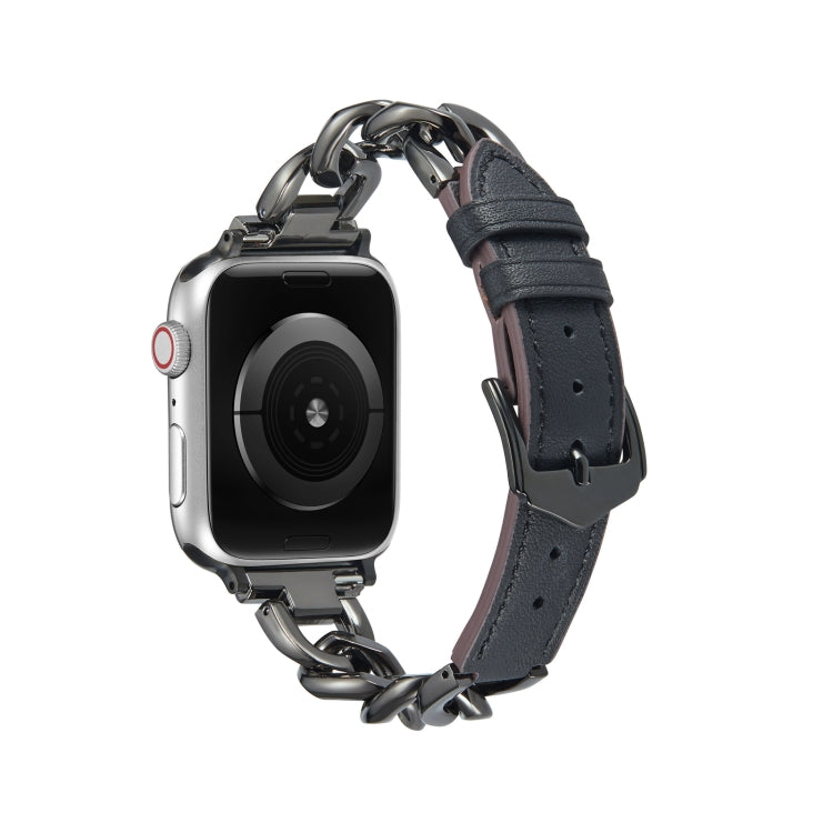 Chain + Leather Watch Band For Apple Watch Series 9&8&7 41mm / SE 3&SE 2&6&SE&5&4 40mm / 3&2&1 38mm (Black+Black) by bashfashion