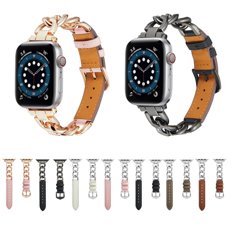Chain + Leather Watch Band For Apple Watch Series 9&8&7 41mm / SE 3&SE 2&6&SE&5&4 40mm / 3&2&1 38mm (Black+Black) by bashfashion