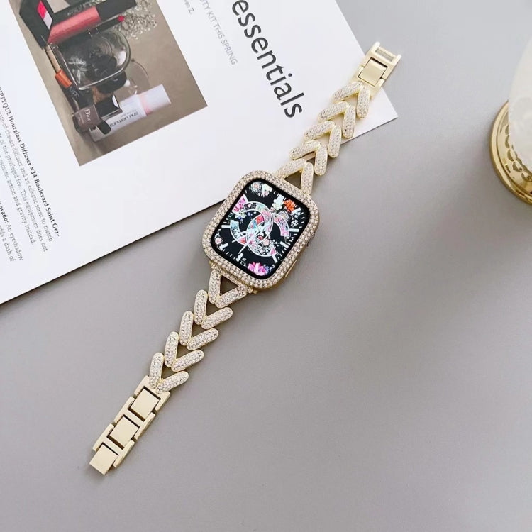 Triangle Diamond Metal Watch Band For Apple Watch Ultra 49mm&Watch Ultra 2 49mm / Series 9&8&7 45mm / SE 3&SE 2&6&SE&5&4 44mm / 3&2&1 42mm (Gold) by bashfashion