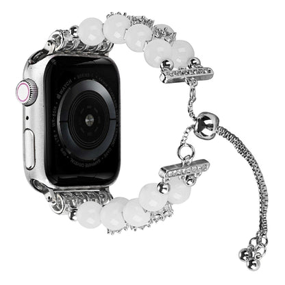 Double Row Beads Telescopic Chain Watch Band For Apple Watch Ultra 49mm&Watch Ultra 2 49mm / Series 9&8&7 45mm / SE 3&SE 2&6&SE&5&4 44mm / 3&2&1 42mm(Agate White) by bashfashion