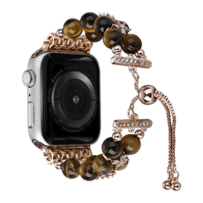 Double Row Beads Telescopic Chain Watch Band For Apple Watch Ultra 49mm&Watch Ultra 2 49mm / Series 9&8&7 45mm / SE 3&SE 2&6&SE&5&4 44mm / 3&2&1 42mm(Tiger Eye) by bashfashion