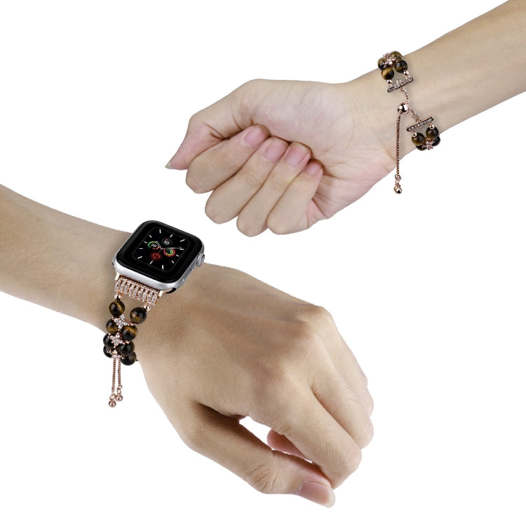Double Row Beads Telescopic Chain Watch Band For Apple Watch Ultra 49mm&Watch Ultra 2 49mm / Series 9&8&7 45mm / SE 3&SE 2&6&SE&5&4 44mm / 3&2&1 42mm(Tiger Eye) by bashfashion