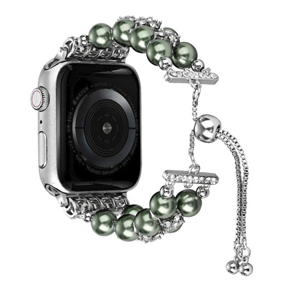 Double Row Beads Telescopic Chain Watch Band For Apple Watch Ultra 49mm&Watch Ultra 2 49mm / Series 9&8&7 45mm / SE 3&SE 2&6&SE&5&4 44mm / 3&2&1 42mm(Olive green) by bashfashion