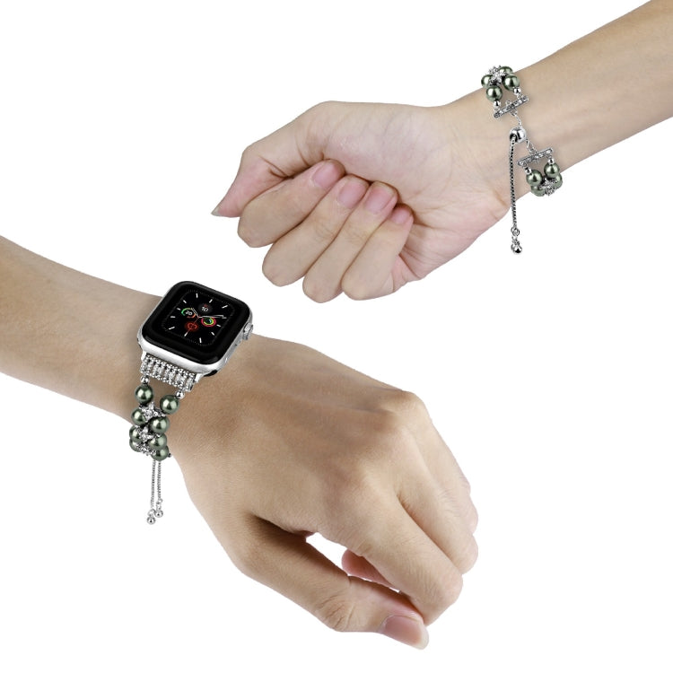 Double Row Beads Telescopic Chain Watch Band For Apple Watch Ultra 49mm&Watch Ultra 2 49mm / Series 9&8&7 45mm / SE 3&SE 2&6&SE&5&4 44mm / 3&2&1 42mm(Olive green) by bashfashion