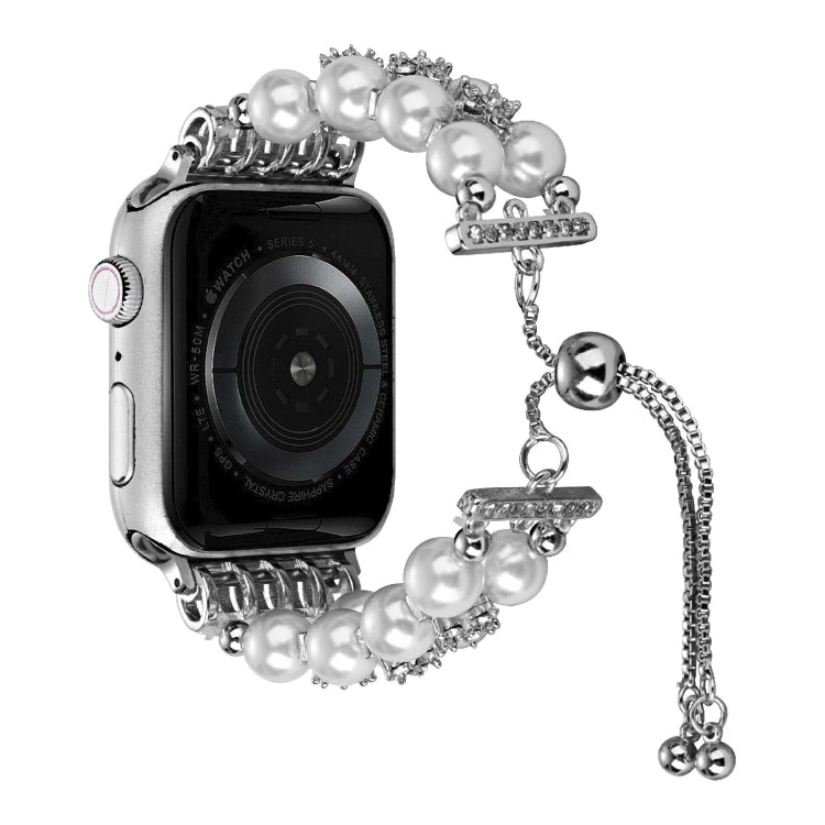 Double Row Beads Telescopic Chain Watch Band For Apple Watch Ultra 49mm&Watch Ultra 2 49mm / Series 9&8&7 45mm / SE 3&SE 2&6&SE&5&4 44mm / 3&2&1 42mm(Pearl white) by bashfashion