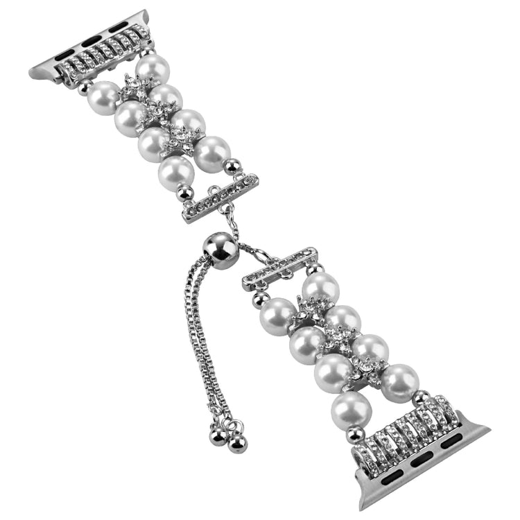 Double Row Beads Telescopic Chain Watch Band For Apple Watch Ultra 49mm&Watch Ultra 2 49mm / Series 9&8&7 45mm / SE 3&SE 2&6&SE&5&4 44mm / 3&2&1 42mm(Pearl white) by bashfashion