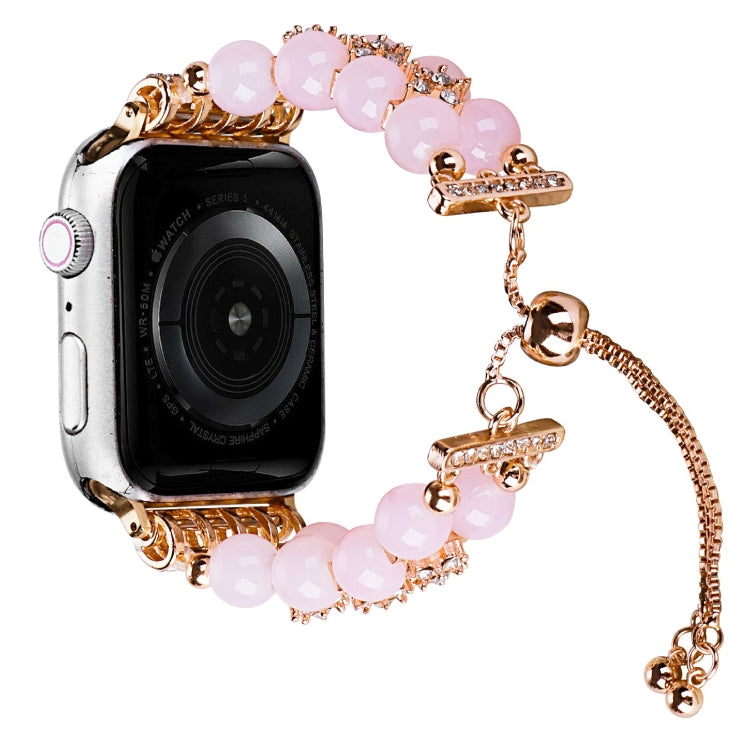 Double Row Beads Telescopic Chain Watch Band For Apple Watch Series 9&8&7 41mm / SE 3&SE 2&6&SE&5&4 40mm / 3&2&1 38mm(Agate pink) by bashfashion