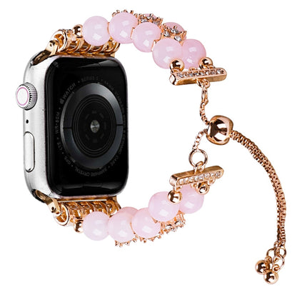 Double Row Beads Telescopic Chain Watch Band For Apple Watch Series 9&8&7 41mm / SE 3&SE 2&6&SE&5&4 40mm / 3&2&1 38mm(Agate pink) by bashfashion