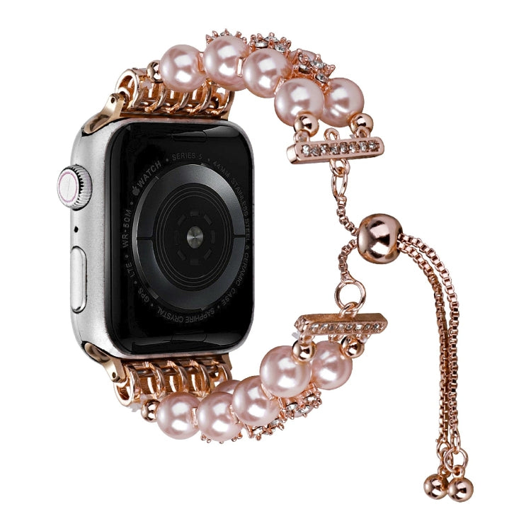 Double Row Beads Telescopic Chain Watch Band For Apple Watch Series 9&8&7 41mm / SE 3&SE 2&6&SE&5&4 40mm / 3&2&1 38mm(Pearl pink) by bashfashion