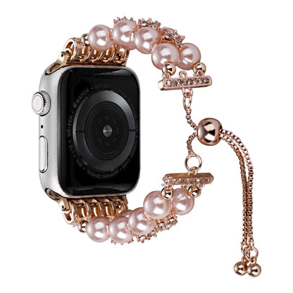 Double Row Beads Telescopic Chain Watch Band For Apple Watch Series 9&8&7 41mm / SE 3&SE 2&6&SE&5&4 40mm / 3&2&1 38mm(Pearl pink) by bashfashion