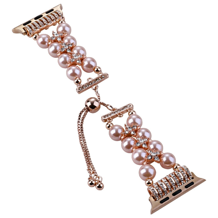 Double Row Beads Telescopic Chain Watch Band For Apple Watch Series 9&8&7 41mm / SE 3&SE 2&6&SE&5&4 40mm / 3&2&1 38mm(Pearl pink) by bashfashion