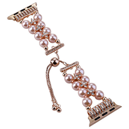 Double Row Beads Telescopic Chain Watch Band For Apple Watch Series 9&8&7 41mm / SE 3&SE 2&6&SE&5&4 40mm / 3&2&1 38mm(Pearl pink) by bashfashion