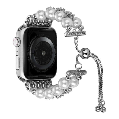 Double Row Beads Telescopic Chain Watch Band For Apple Watch Series 9&8&7 41mm / SE 3&SE 2&6&SE&5&4 40mm / 3&2&1 38mm(Pearl white) by bashfashion