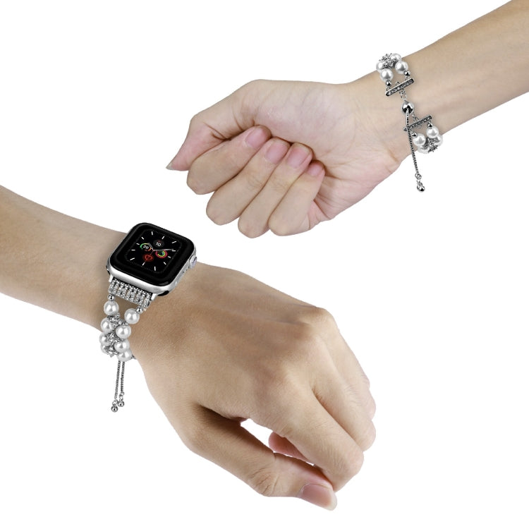 Double Row Beads Telescopic Chain Watch Band For Apple Watch Series 9&8&7 41mm / SE 3&SE 2&6&SE&5&4 40mm / 3&2&1 38mm(Pearl white) by bashfashion