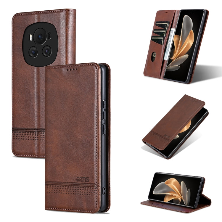 For Honor Magic6 AZNS Magnetic Calf Texture Flip Leather Phone Case(Dark Brown) by AZNS
