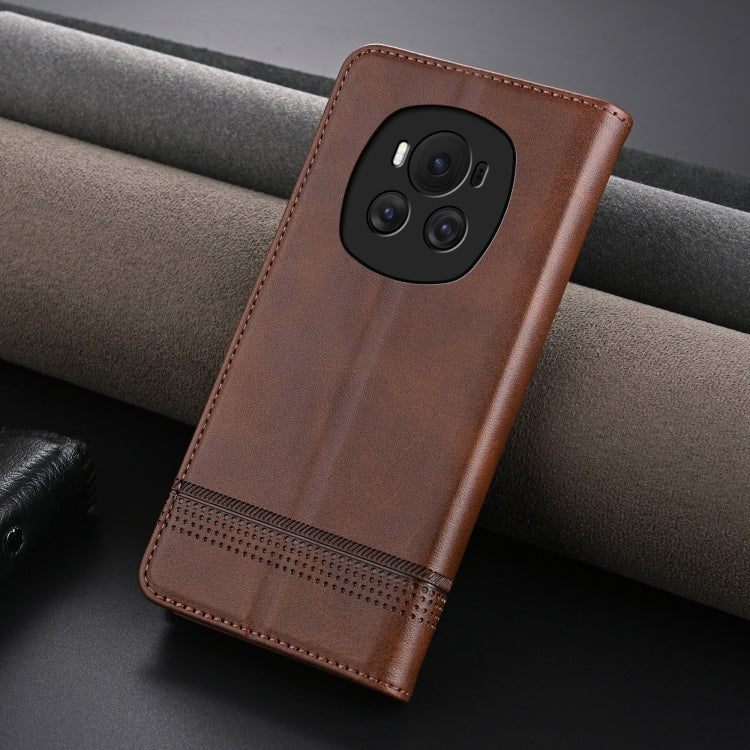For Honor Magic6 AZNS Magnetic Calf Texture Flip Leather Phone Case(Dark Brown) by AZNS
