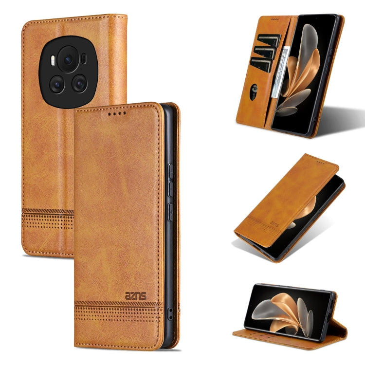 For Honor Magic6 AZNS Magnetic Calf Texture Flip Leather Phone Case(Light Brown) by AZNS