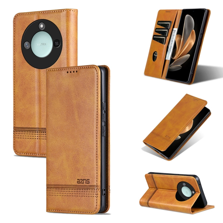For Honor X60 AZNS Magnetic Calf Texture Flip Leather Phone Case(Light Brown) by AZNS