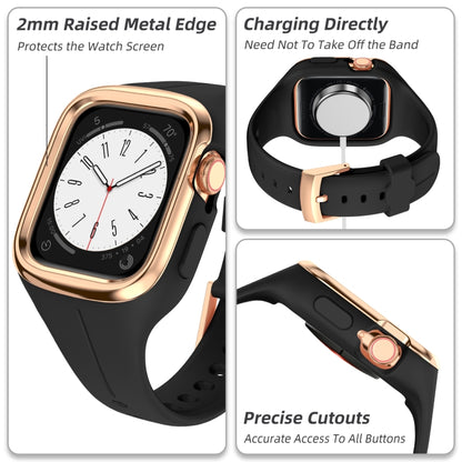 Stainless Steel Frame Silicone Watch Band For Apple Watch Series 9&8&7 41mm / SE 3&SE 2&6&SE&5&4 40mm / 3&2&1 38mm(Black) by bashfashion