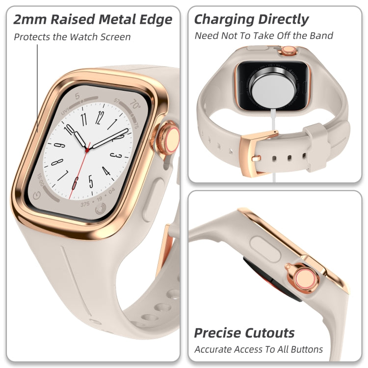 Stainless Steel Frame Silicone Watch Band For Apple Watch Series 9&8&7 41mm / SE 3&SE 2&6&SE&5&4 40mm / 3&2&1 38mm(Starlight) by bashfashion