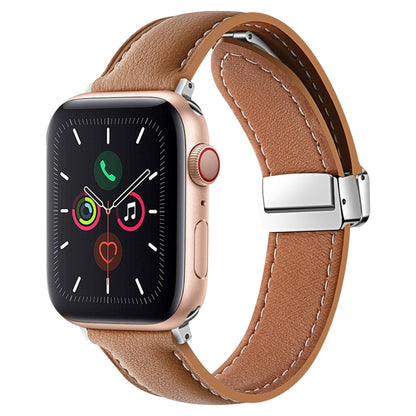 Folding Buckle Genuine Leather Watch Band For Apple Watch Ultra 49mm&Watch Ultra 2 49mm / Series 9&8&7 45mm / SE 3&SE 2&6&SE&5&4 44mm / 3&2&1 42mm(Brown) by bashfashion