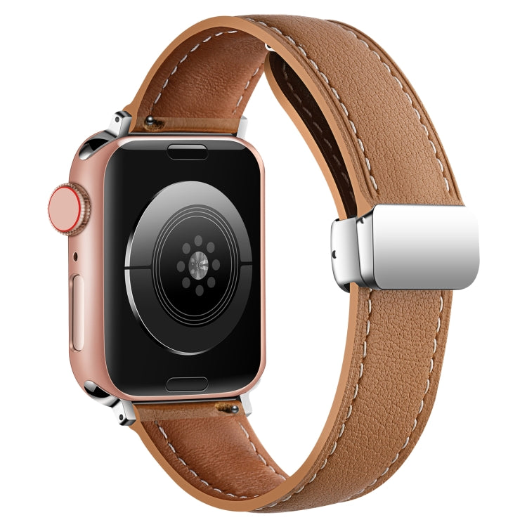 Folding Buckle Genuine Leather Watch Band For Apple Watch Ultra 49mm&Watch Ultra 2 49mm / Series 9&8&7 45mm / SE 3&SE 2&6&SE&5&4 44mm / 3&2&1 42mm(Brown) by bashfashion