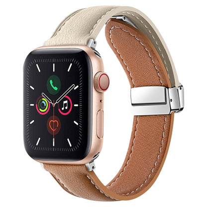 Folding Buckle Genuine Leather Watch Band For Apple Watch Ultra 49mm&Watch Ultra 2 49mm / Series 9&8&7 45mm / SE 3&SE 2&6&SE&5&4 44mm / 3&2&1 42mm(White + Brown) by bashfashion