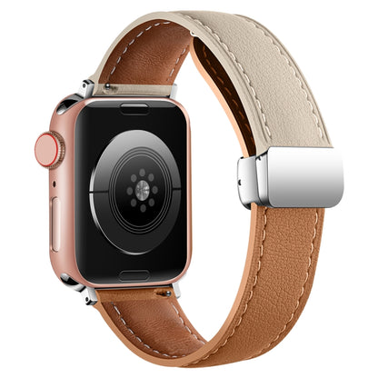 Folding Buckle Genuine Leather Watch Band For Apple Watch Ultra 49mm&Watch Ultra 2 49mm / Series 9&8&7 45mm / SE 3&SE 2&6&SE&5&4 44mm / 3&2&1 42mm(White + Brown) by bashfashion