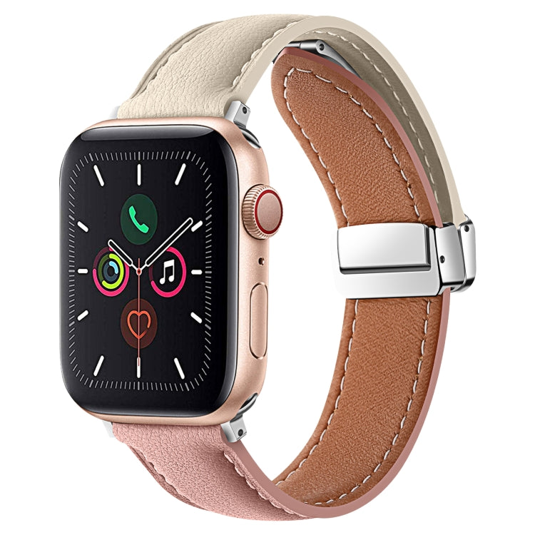 Folding Buckle Genuine Leather Watch Band For Apple Watch Ultra 49mm&Watch Ultra 2 49mm / Series 9&8&7 45mm / SE 3&SE 2&6&SE&5&4 44mm / 3&2&1 42mm(White + Pink) by bashfashion