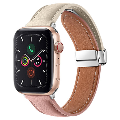 Folding Buckle Genuine Leather Watch Band For Apple Watch Ultra 49mm&Watch Ultra 2 49mm / Series 9&8&7 45mm / SE 3&SE 2&6&SE&5&4 44mm / 3&2&1 42mm(White + Pink) by bashfashion