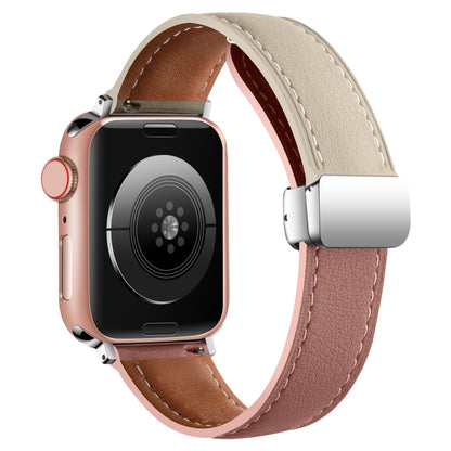 Folding Buckle Genuine Leather Watch Band For Apple Watch Ultra 49mm&Watch Ultra 2 49mm / Series 9&8&7 45mm / SE 3&SE 2&6&SE&5&4 44mm / 3&2&1 42mm(White + Pink) by bashfashion