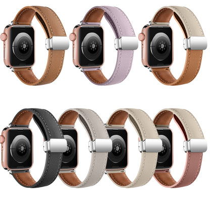 Folding Buckle Genuine Leather Watch Band For Apple Watch Ultra 49mm&Watch Ultra 2 49mm / Series 9&8&7 45mm / SE 3&SE 2&6&SE&5&4 44mm / 3&2&1 42mm(White + Brown) by bashfashion